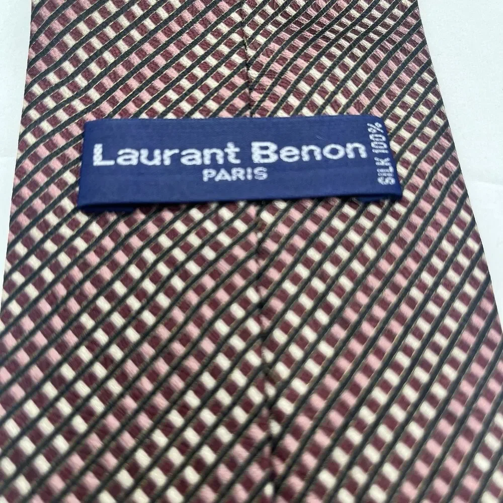 Laurant Benon Paris 100% Silk Necktie Maroon Tan Black Business Formal EUC